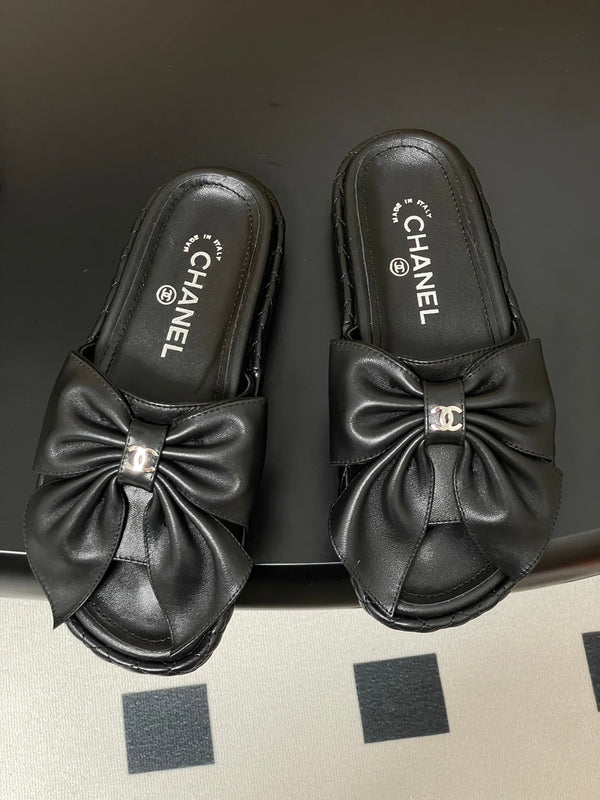CC 25SS Big Bow Thick-soled Mule Sandals Black Lambskin 319708