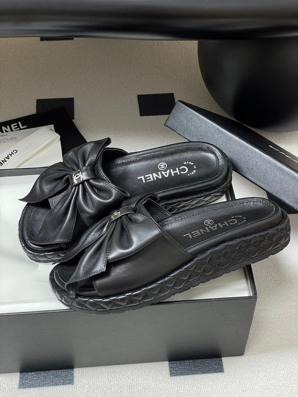 CC 25SS Big Bow Thick-soled Mule Sandals Black Lambskin 319708