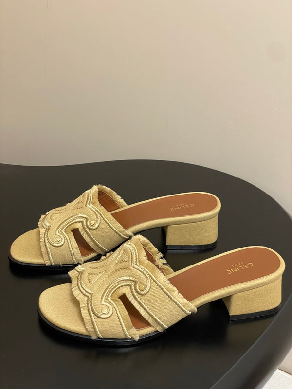 CL Marina Fringed Mule 40mm In Caramel Denim 319737