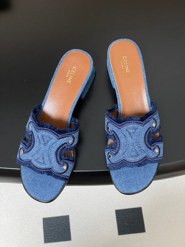 CL Marina Fringed Mule 40mm In Blue Denim 319738