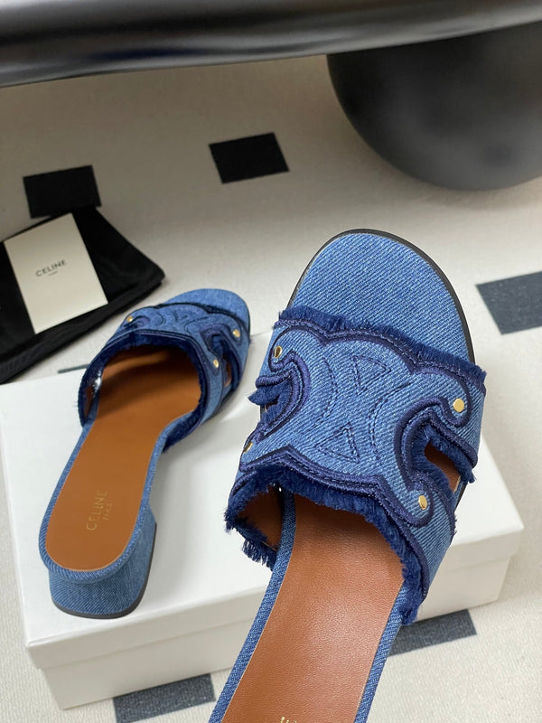 CL Marina Fringed Mule 40mm In Blue Denim 319738