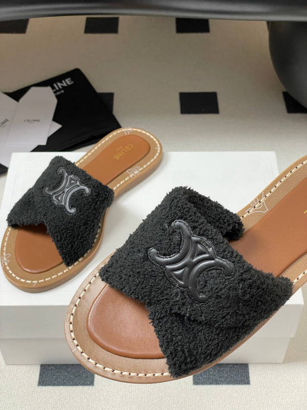 CL 25s Lympia Twisted Sandal Black Brown Sheepskin Plush Cloth 416658