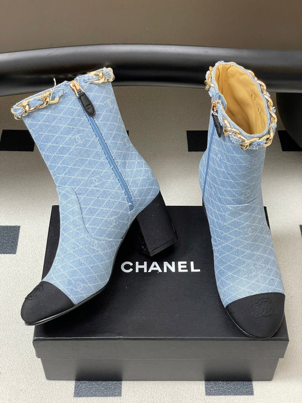 CC 25B Chain Short Boot 70mm Black Light Blue Denim 423146