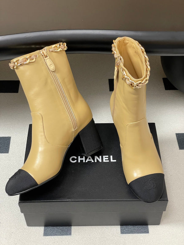 CC 25B Chain Short Boot 70mm Black Beige Denim Cowhide 423147