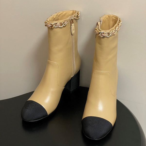 CC 25B Chain Short Boot 70mm Black Beige Denim Cowhide 423147