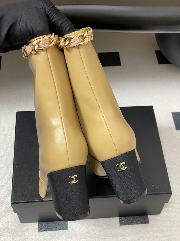 CC 25B Chain Short Boot 70mm Black Beige Denim Cowhide 423147