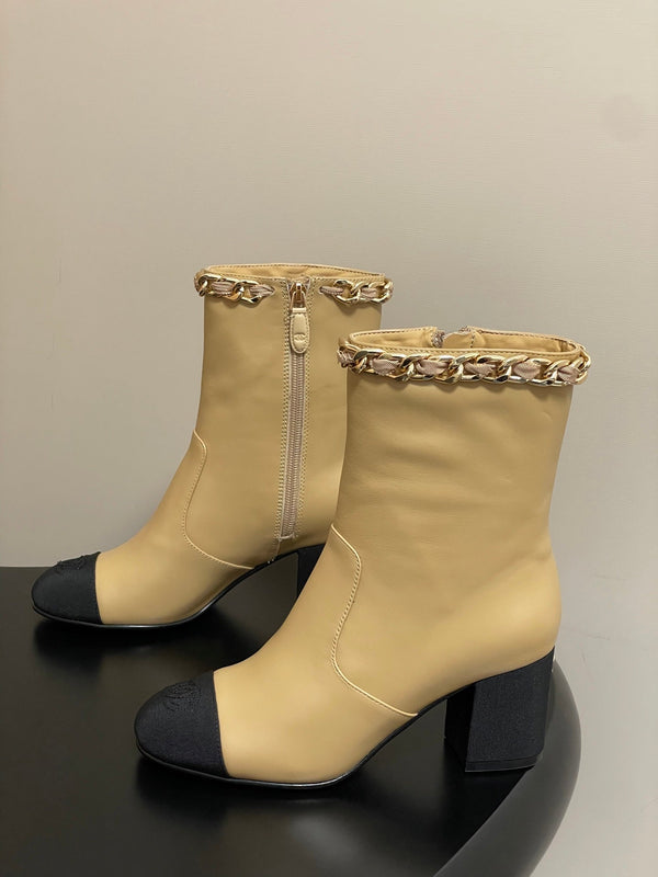 CC 25B Chain Short Boot 70mm Black Beige Denim Cowhide 423147