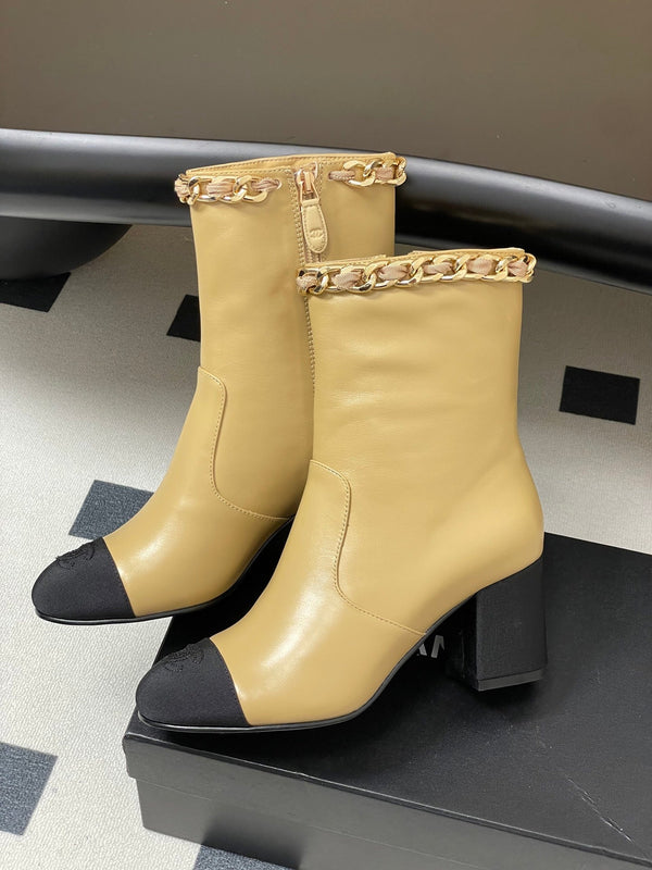 CC 25B Chain Short Boot 70mm Black Beige Denim Cowhide 423147