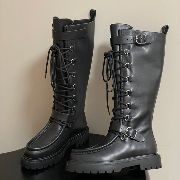 HM Lace Up Boots 25mm Belt Buckle Black Leather