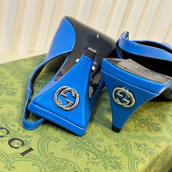 GG Women's G pointed silver-letter Logo slingbacks Azure Blue