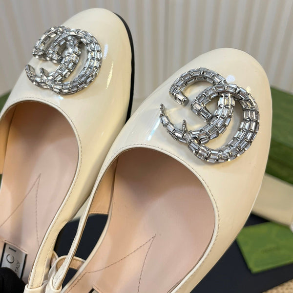 Ballerine slingback in vernice GG Double G, bianco lucido