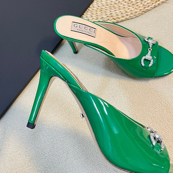 GG  Women's Horsebit mid-heel slide sandal in glossy Jade Green