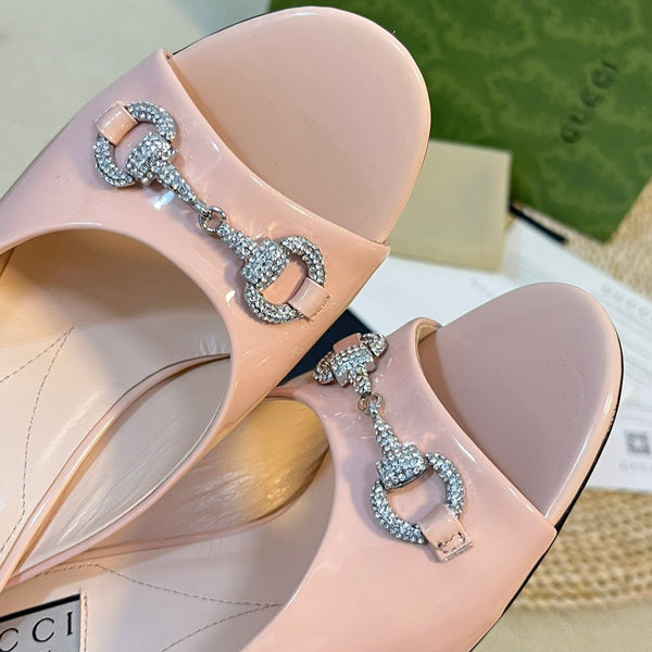 GG  Women's Horsebit mid-heel slide sandal in glossy Rose Pink