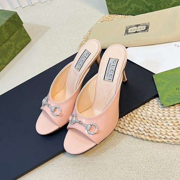 GG  Women's Horsebit mid-heel slide sandal in glossy Rose Pink