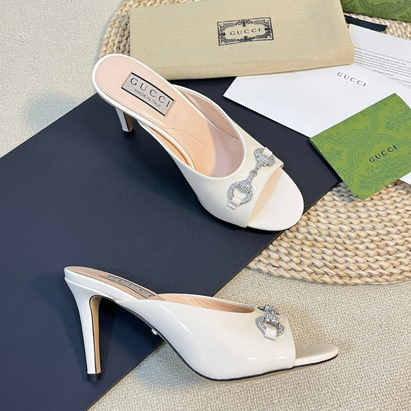 GG  Women's Horsebit mid-heel slide sandal in glossy White leather