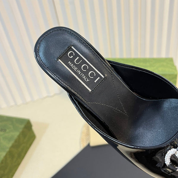 GG  Women's Horsebit mid-heel slide sandal in glossy black leather