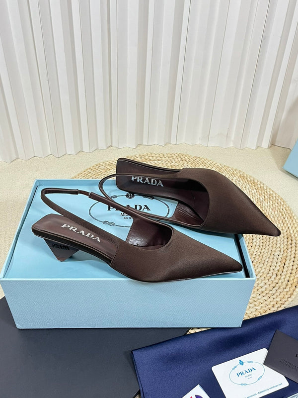 PRA POINTED TOE SLINGBACK PUMPS CHOCOLATE SATIN