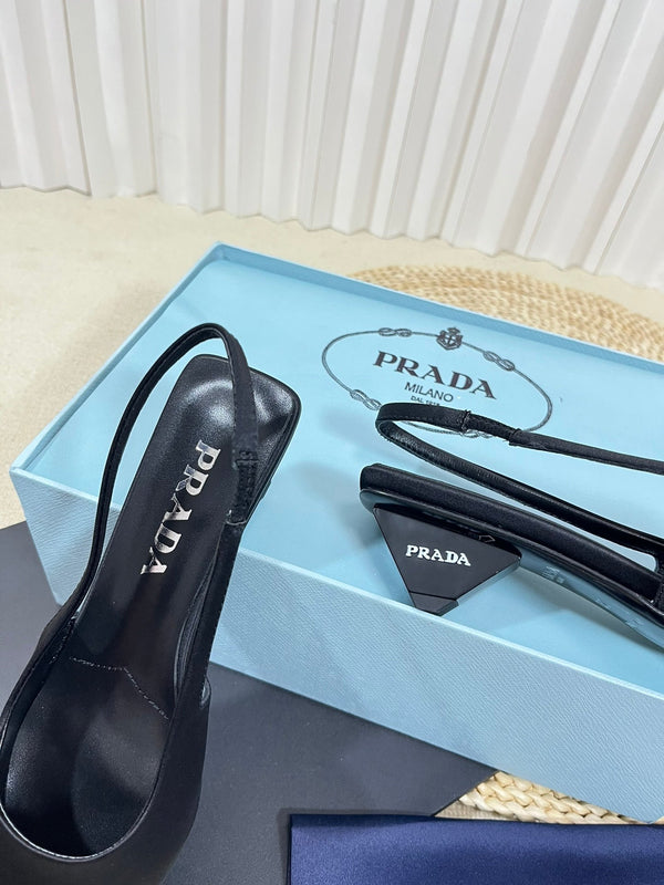 PRA POINTED TOE SLINGBACK PUMPS BLACK SATIN