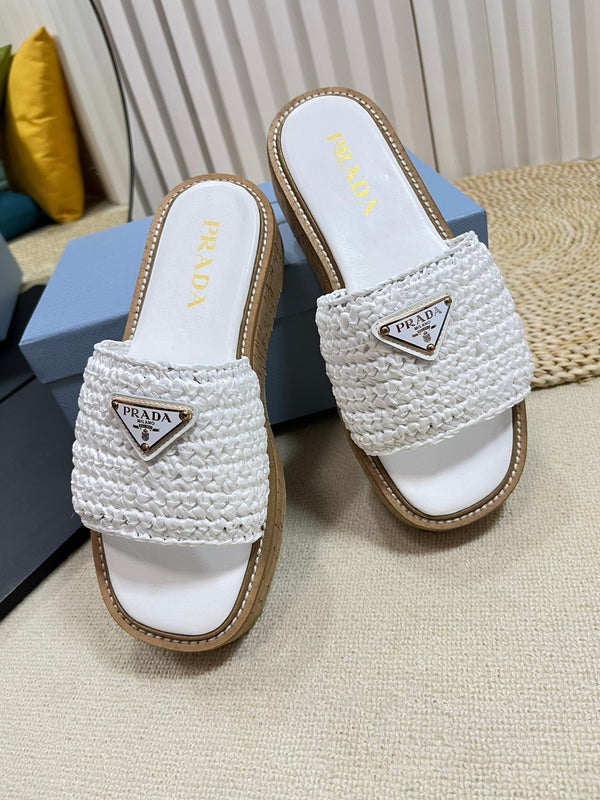 PRA WEDGE FLATFORM SLIDES WHITE RAFFIA