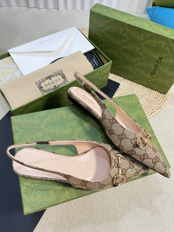 GC Horsebit Slingback Pump 10mm Beige mix Brown Canvas Sheepskin 294554