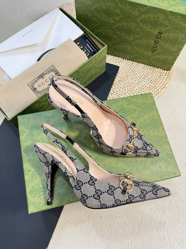 GC Horsebit Slingback Pump 100mm Beige mix Blue Canvas Sheepskin 294565