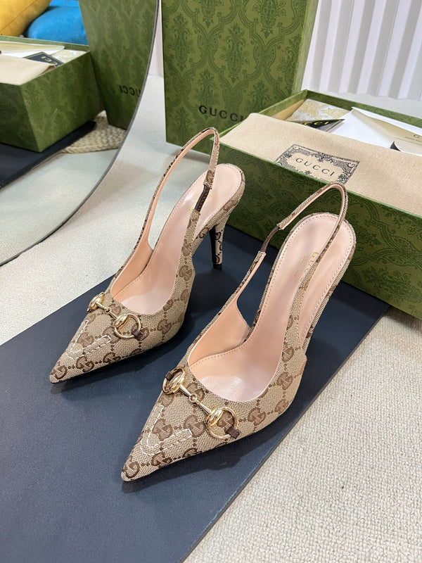 GC Horsebit Slingback Pump 100mm Beige mix Brown Canvas Sheepskin 294566