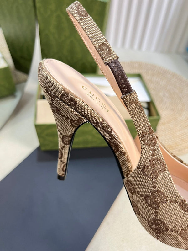 GC Horsebit Slingback Pump 100mm Beige mix Brown Canvas Sheepskin 294566