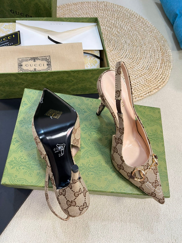 GC Horsebit Slingback Pump 100mm Beige mix Brown Canvas Sheepskin 294566