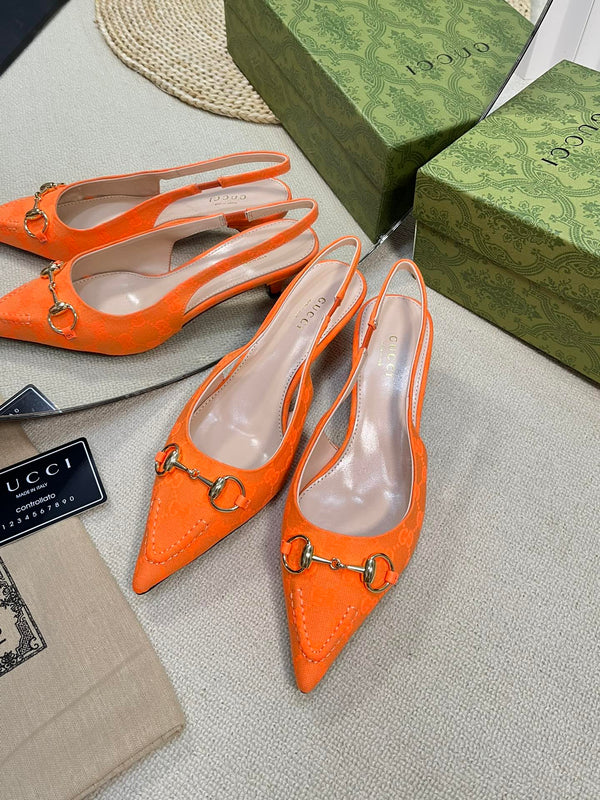 GC Horsebit Slingback Pump 50mm Orange Canvas Sheepskin 294544