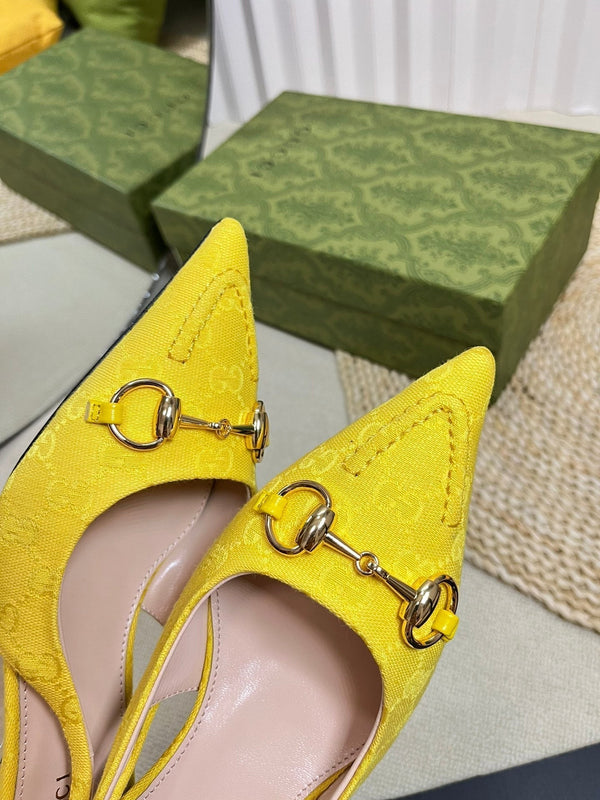 GC Horsebit Slingback Pump 50mm Yellow Canvas Sheepskin 294545