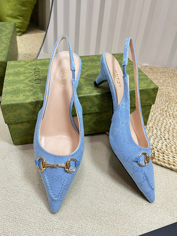 GC Horsebit Slingback Pump 50mm Blu Canvas Montone 294546