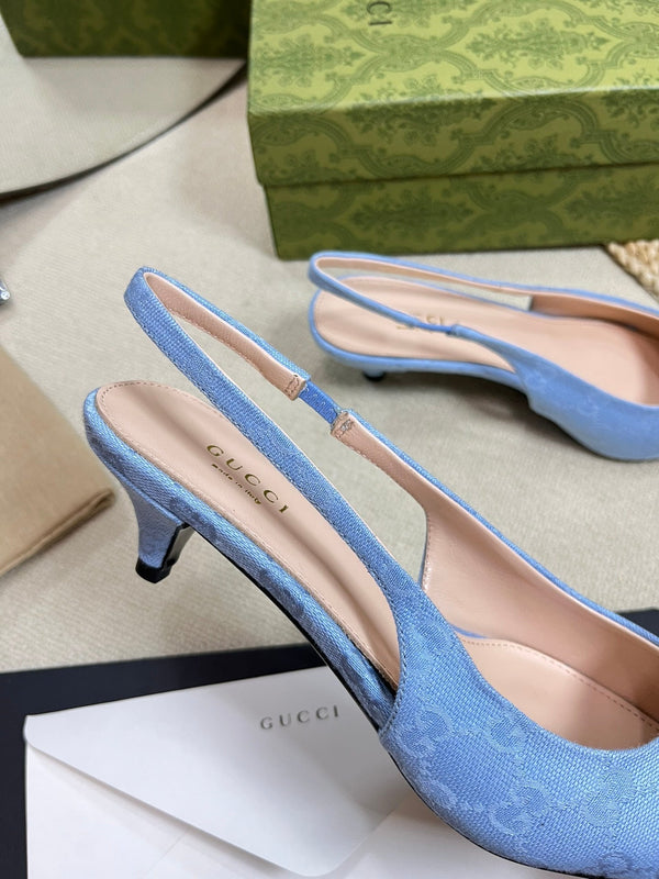 GC Horsebit Slingback Pump 50mm Blu Canvas Montone 294546