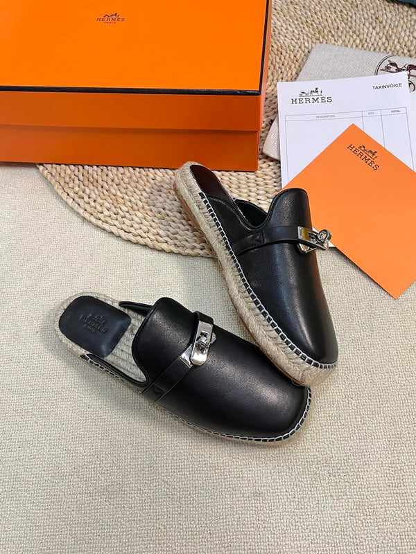 HM Feria Espadrille Mule Black Calfskin