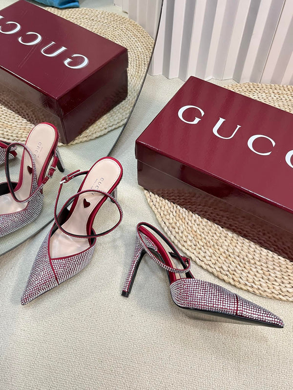 HIGH SLINGBACK 10 CM IN CHERRY RED SILK WITH FULL RHINSTONES