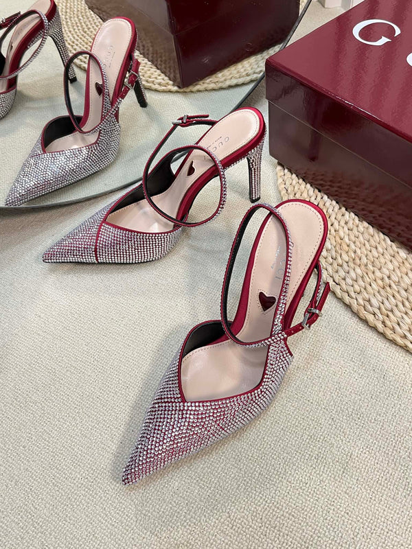 HIGH SLINGBACK 10 CM IN CHERRY RED SILK WITH FULL RHINSTONES