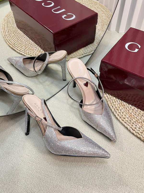 HIGH SLINGBACK 10 CM IN BEIGE SILK WITH FULL RHINSTONES