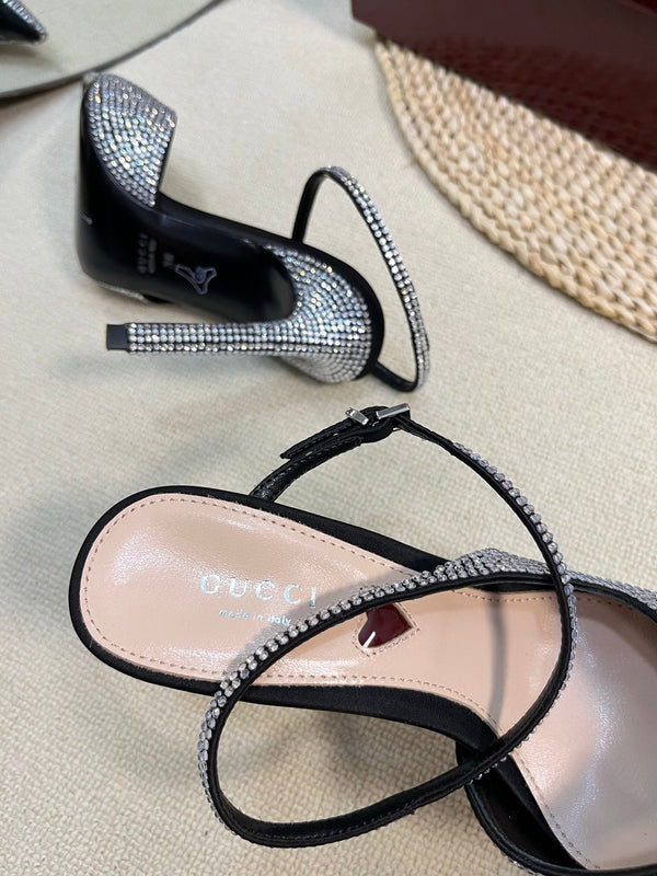 HIGH SLINGBACK 10 CM IN BLACK SILK WITH FULL RHINSTONES