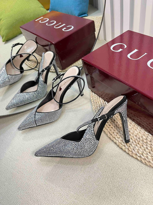 HIGH SLINGBACK 10 CM IN BLACK SILK WITH FULL RHINSTONES