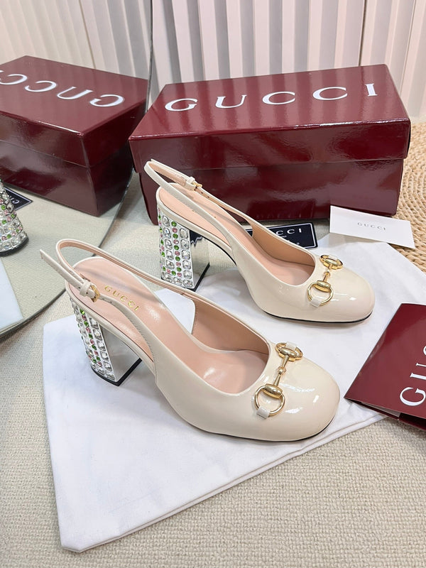 GC Horsebit Slingback with Crystal 95mm Ivory Patent Leather 294595