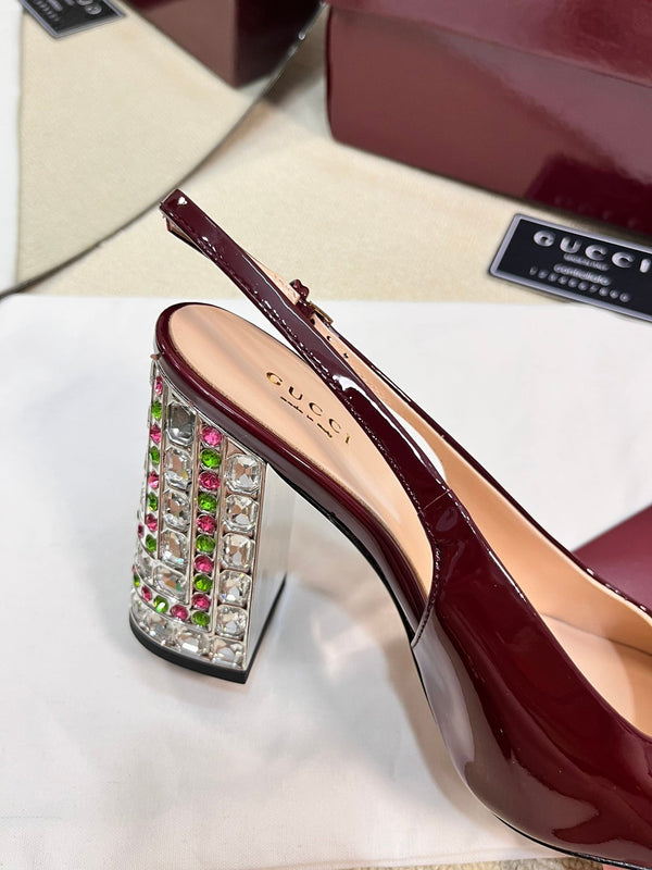 GC Horsebit Slingback with Crystal 95mm Rosso Ancora red Patent Leather 294596