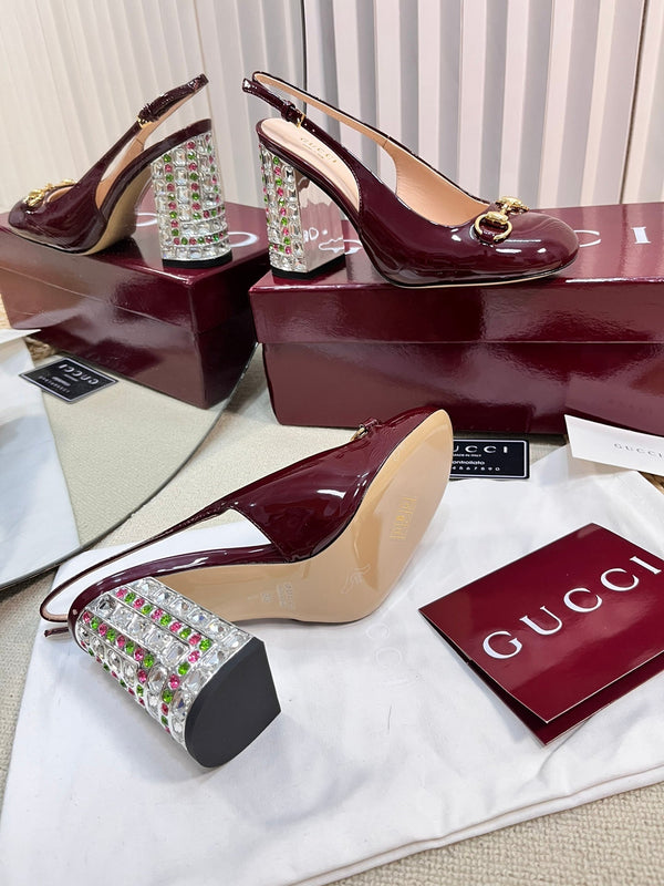 GC Horsebit Slingback with Crystal 95mm Rosso Ancora red Patent Leather 294596