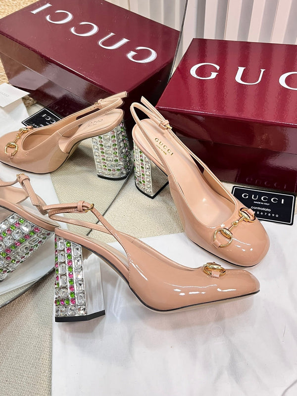 GC Horsebit Slingback with Crystal 95mm Rose Beige Patent Leather 294597