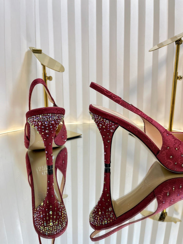 GC Crystal Horsebit Slingback 100mm Red Canvas lambskin 294618