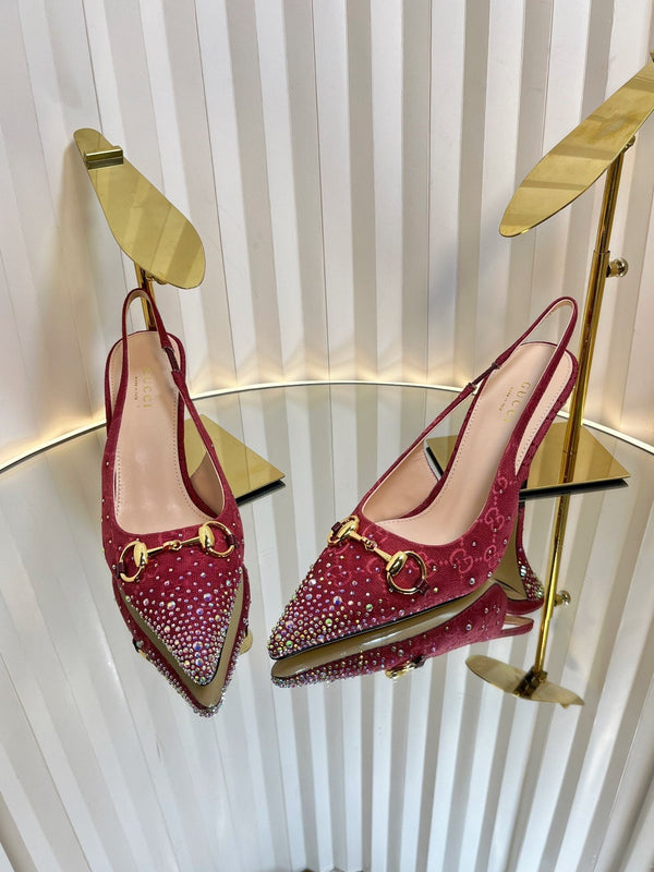 GC Crystal Horsebit Slingback 100mm Red Canvas lambskin 294618