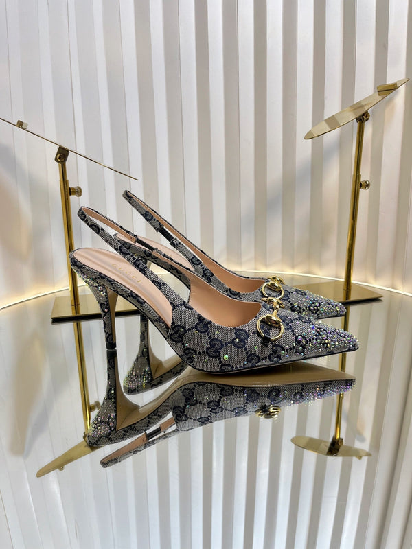 GC Crystal Horsebit Slingback 100mm Beige mix Blue Canvas lambskin 294619