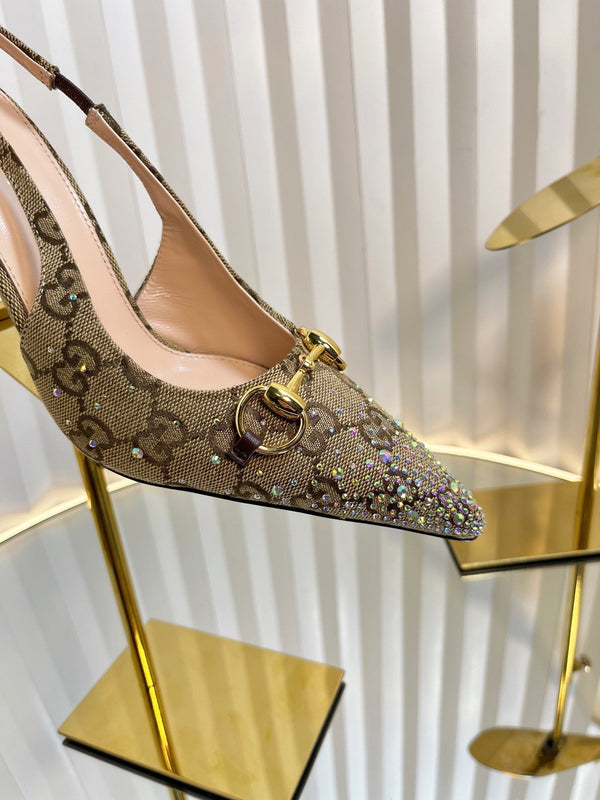 GC Crystal Horsebit Slingback 100mm Beige mix Ebony Canvas lambskin 294620