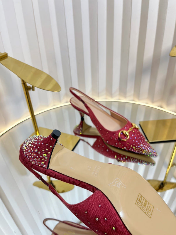 GC Crystal Horsebit Slingback 50mm Red Canvas lambskin 294615