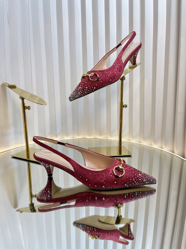 GC Crystal Horsebit Slingback 50mm Red Canvas lambskin 294615