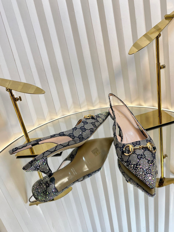 GC Crystal Horsebit Slingback 50mm Beige mix Blue Canvas lambskin 294616