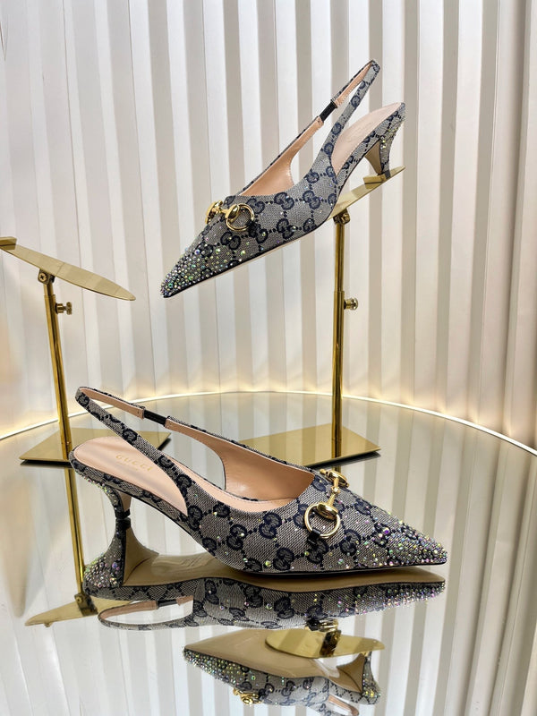 GC Crystal Horsebit Slingback 50mm Beige mix Blue Canvas lambskin 294616